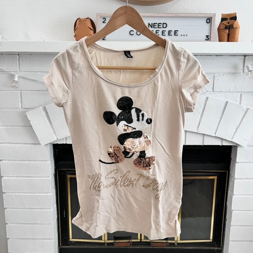 Mickey Sequin Logo Cream Short Sleeve T-Shirt - Size Small Women